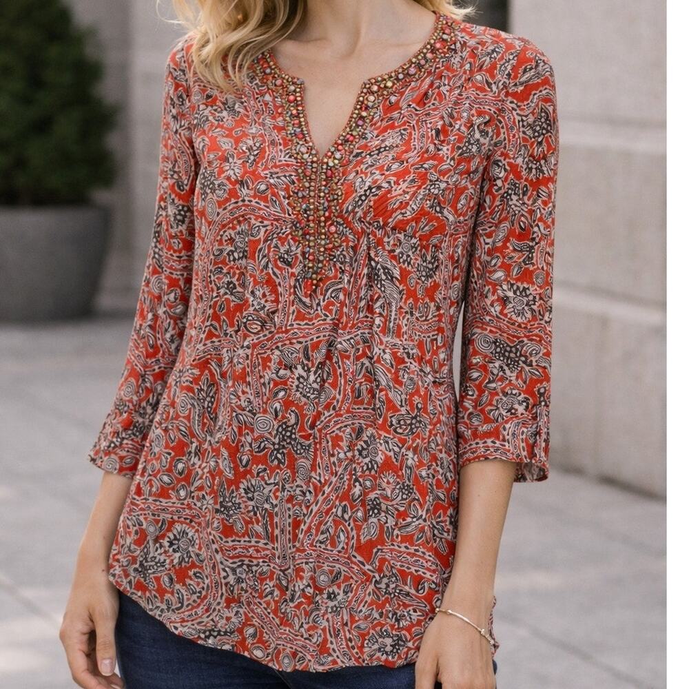 Joie Cotton Gauze Tunic XS Beaded Neck 3/4 Sleeve Orange Artwork à la plage